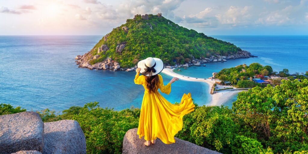 Beautiful girl standing on viewpoint at Koh Nangyuan island near