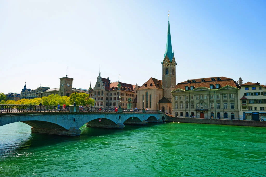 Beautiful old city Limmat River in Zurich, Switzerland.